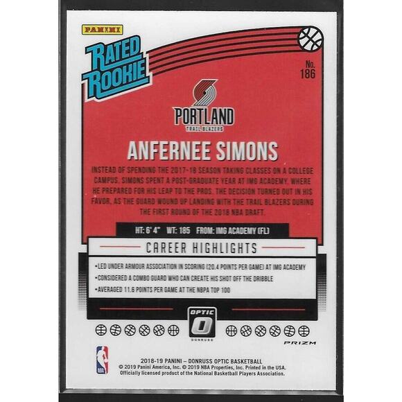Anfernee Simons 2018-19 Donruss Optic Rated Rookie RC Blue Velocity #186 - Picture 2 of 2